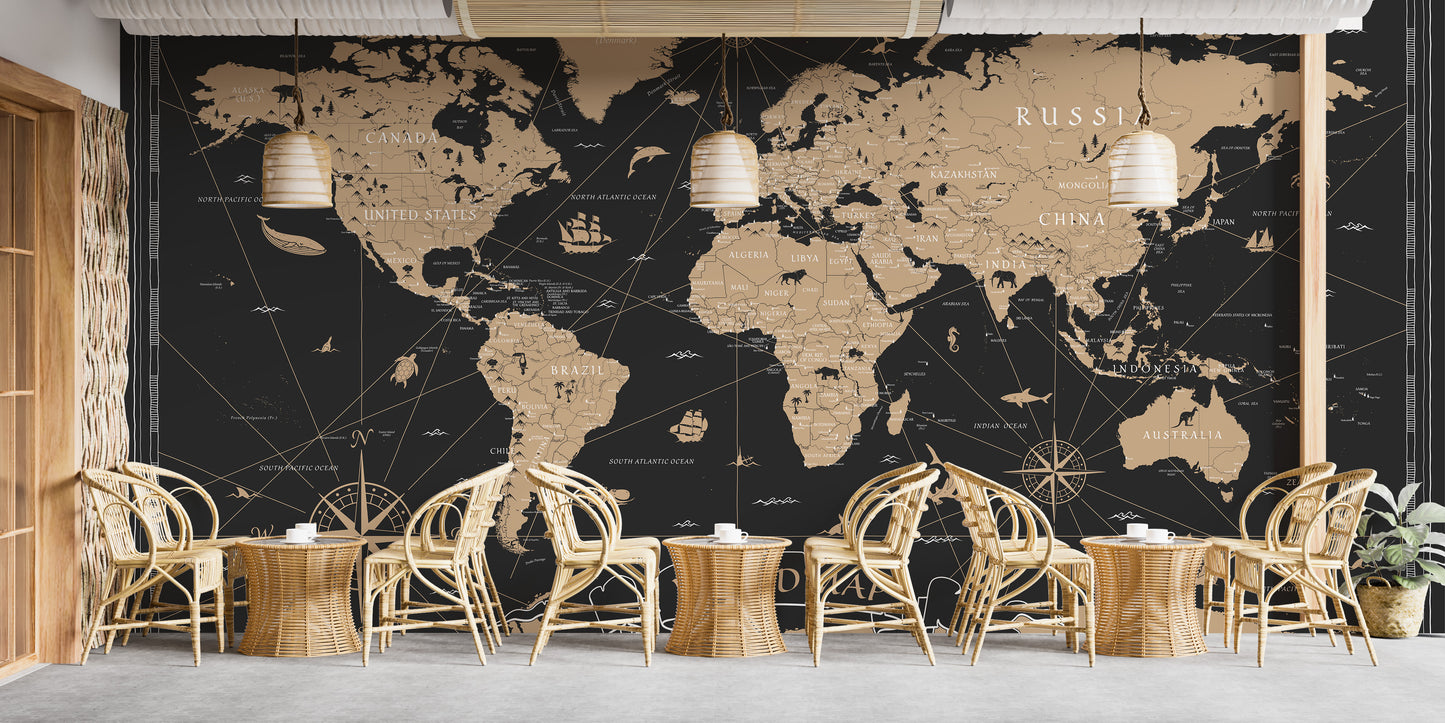 Black and gold map mural with vintage flair
