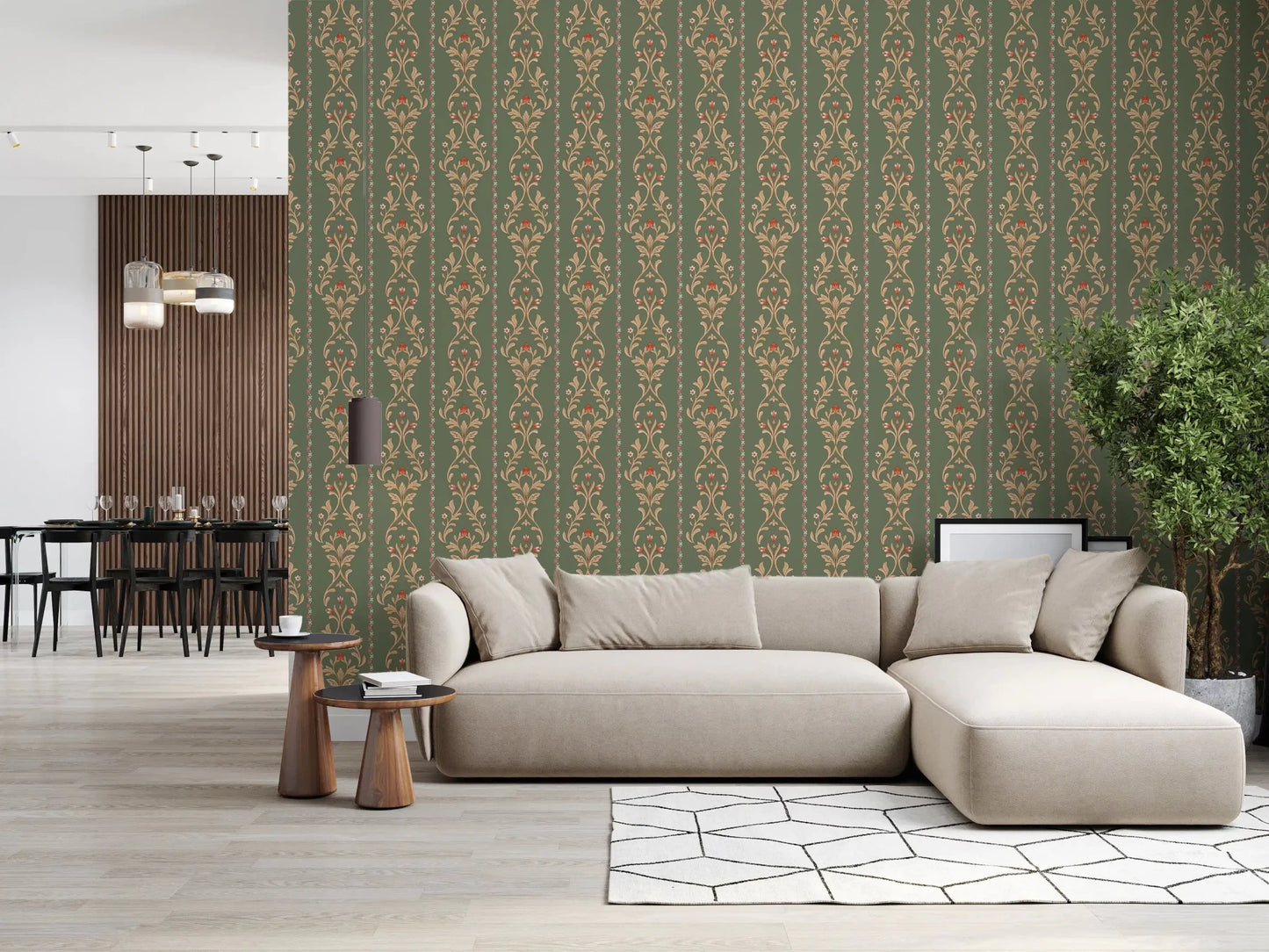 Traditional heritage stripe wallpaper for a primary suite hallway.