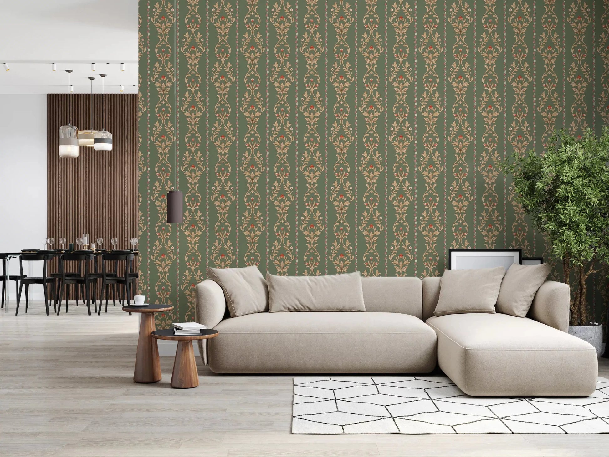Traditional heritage stripe wallpaper for a primary suite hallway.