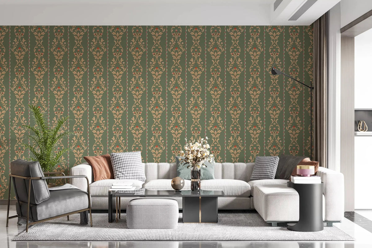 Vintage Bloom heritage stripe Wallpaper in a sage green Victorian living room.