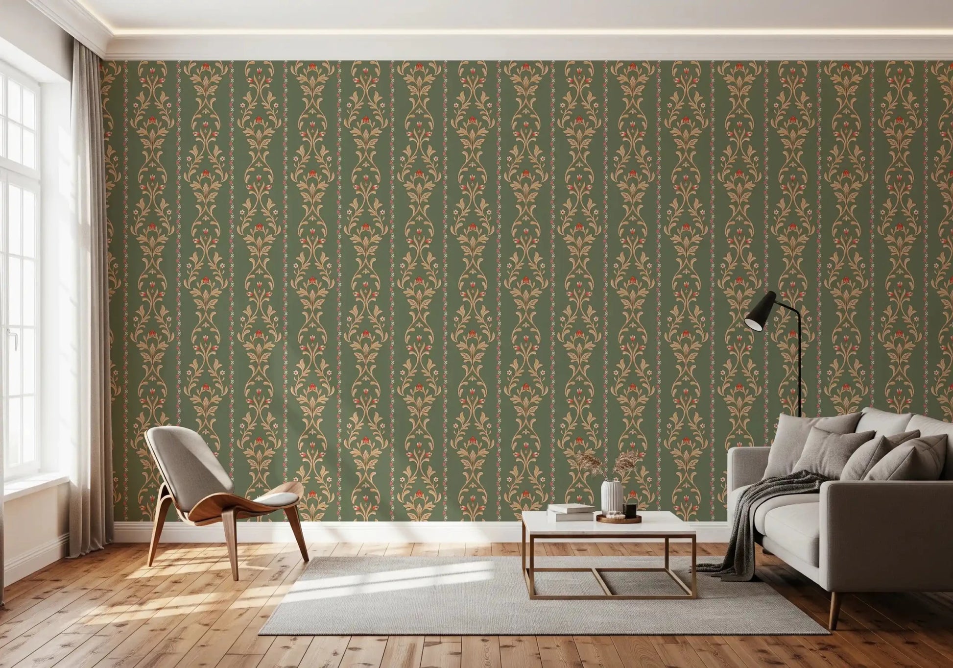 Antique style floral stripe wallpaper in muted green, red, and beige tones.