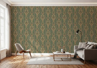 Antique style floral stripe wallpaper in muted green, red, and beige tones.