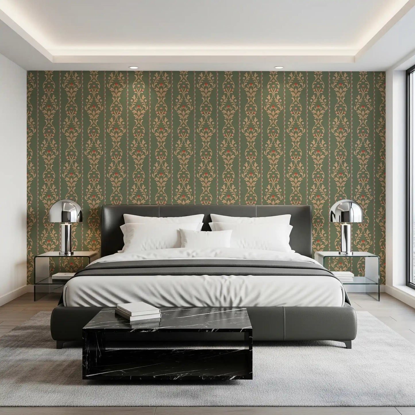 Vintage Bloom heritage stripe Wallpaper installed in a bedroom.