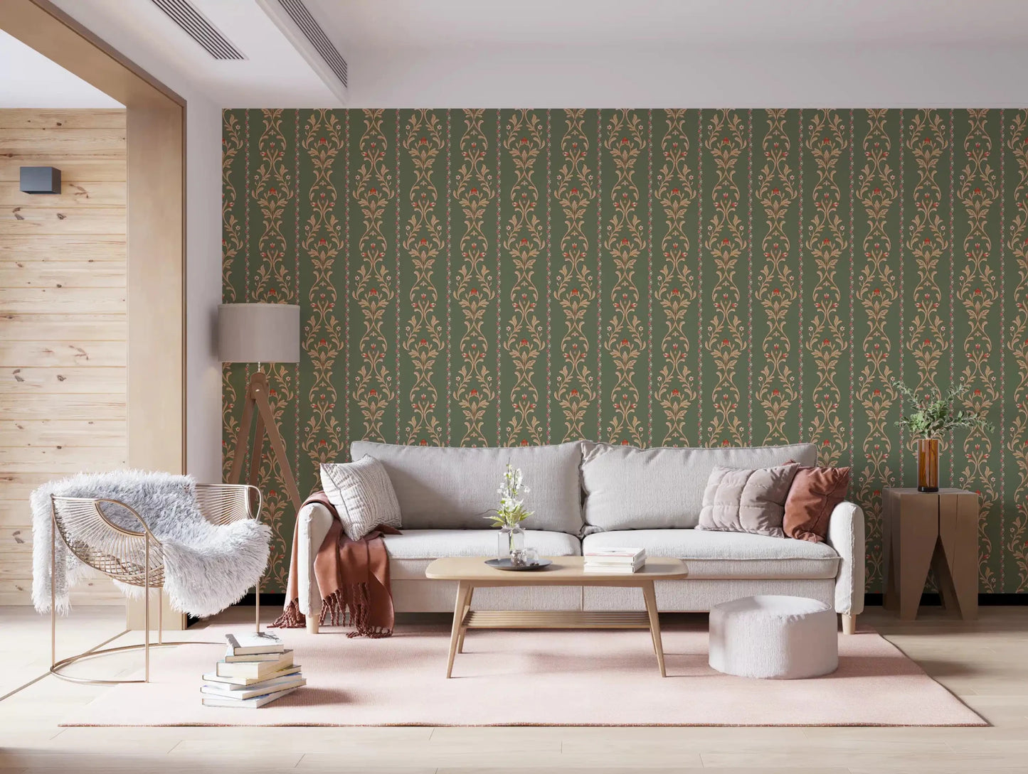 Classical floral wallpaper for a cozy apartment living area.