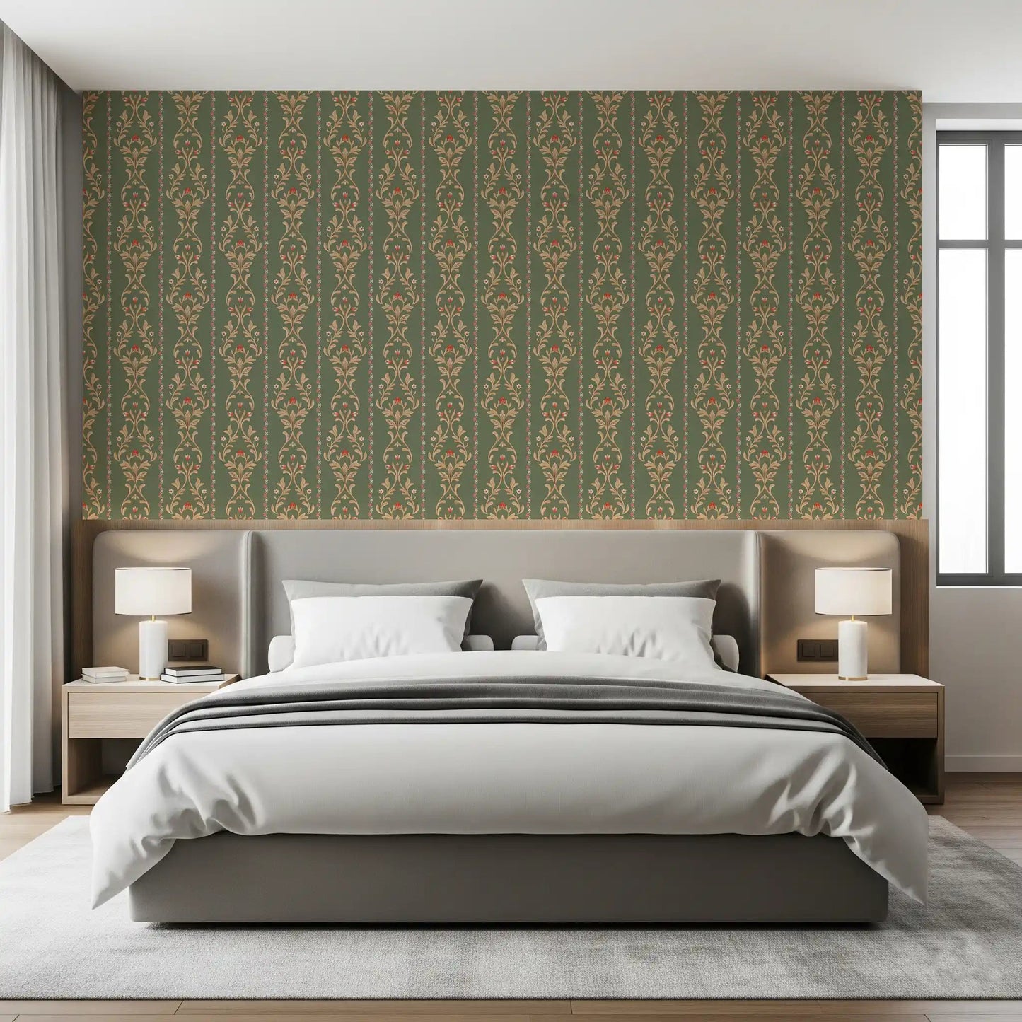 Botanical striped wall covering in an earthy green and tan color palette.