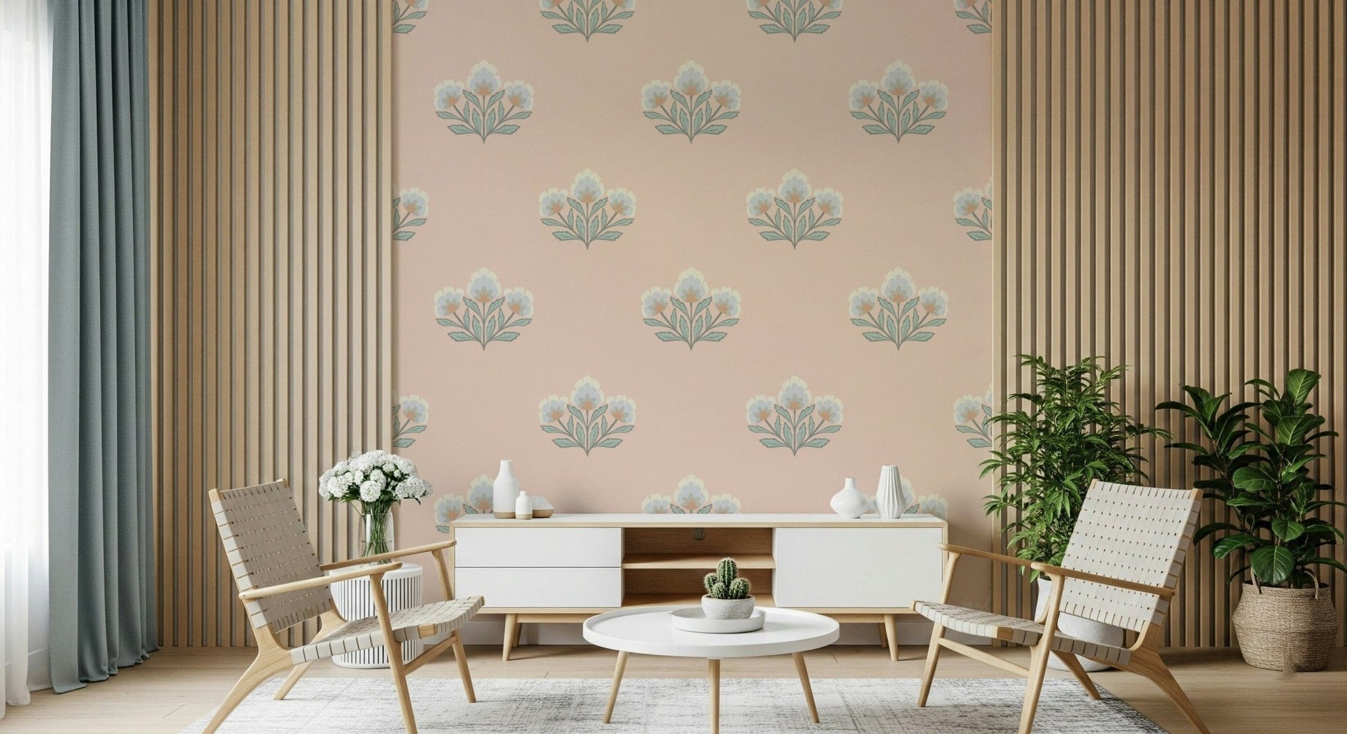 Timeless botanical repeat wallpaper for walls soft muted tones.
