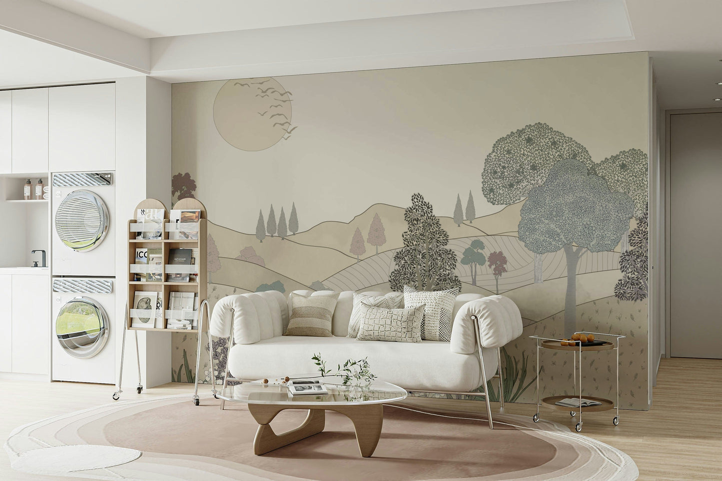 The design features blooming flowers and green leaves.

