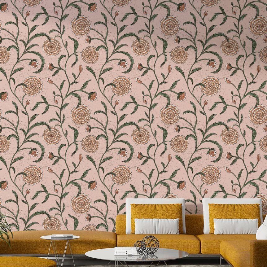 Features delicate, trailing botanical designs.
