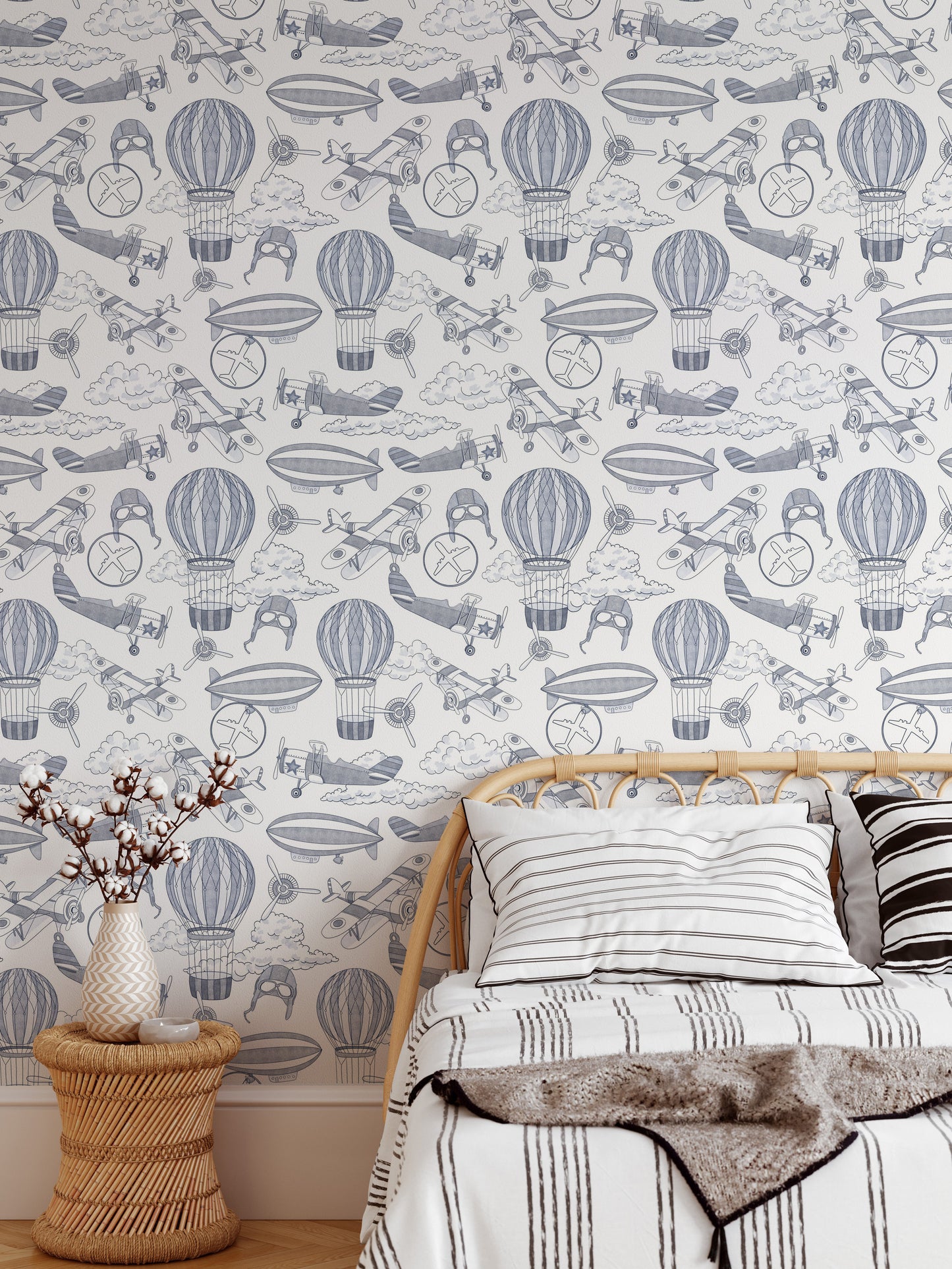 Decorative wallpaper with hand-drawn vintage airplanes

