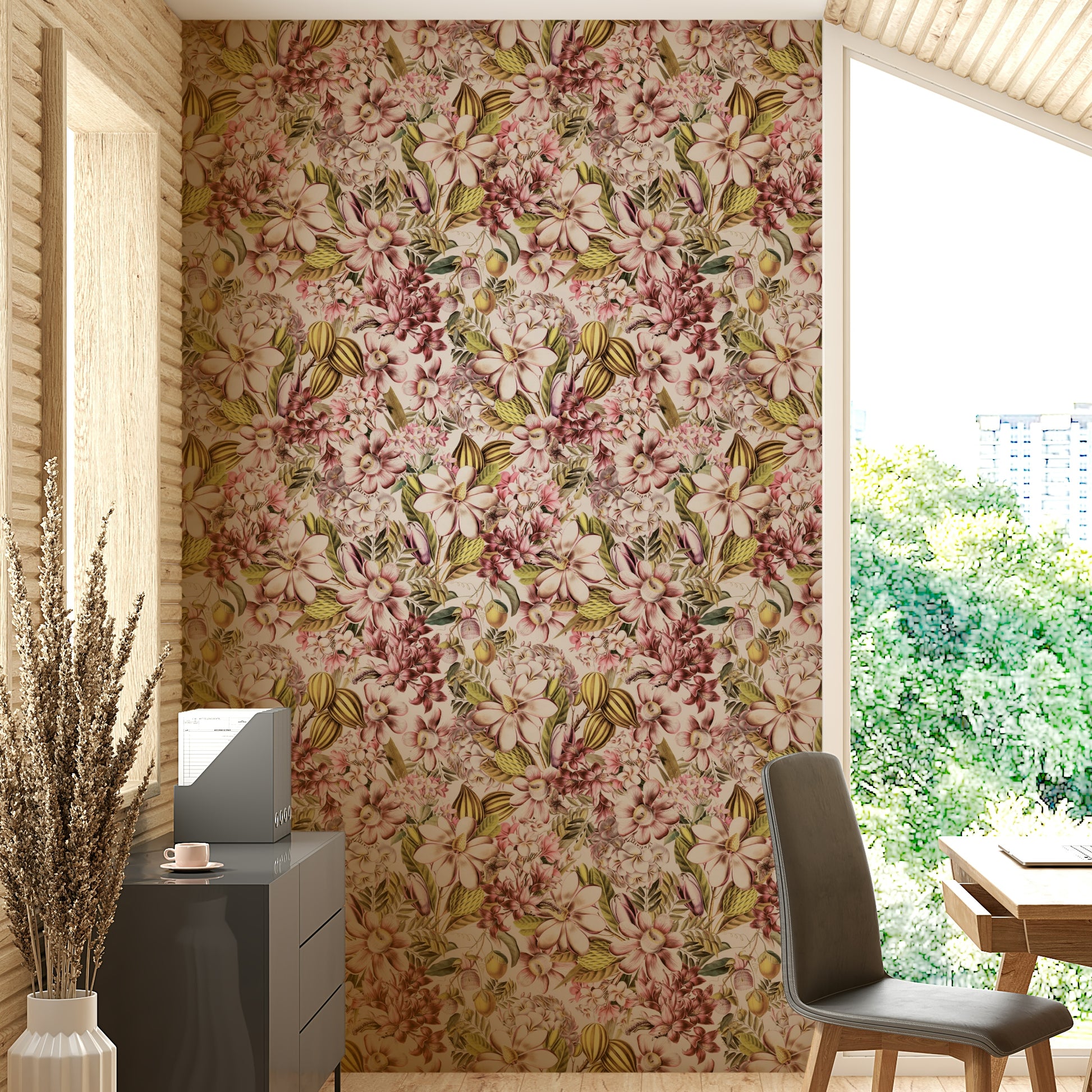 Vintage-inspired wallpaper mural with detailed botanical flowers and soft tones.

