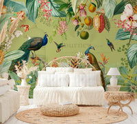 Wall mural with vintage botanical elements and lush plants

