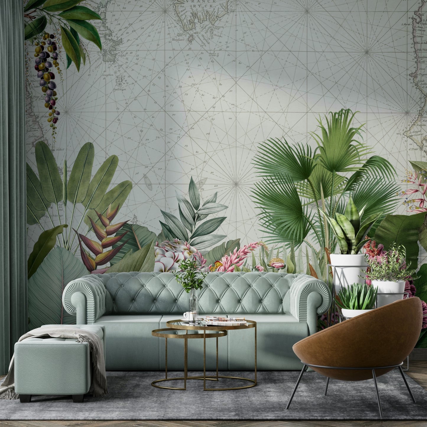 Lush greenery vintage botanical mural for calming interiors.

