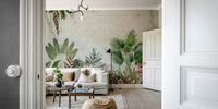 Lush vintage botanical mural wallpaper for living rooms.

