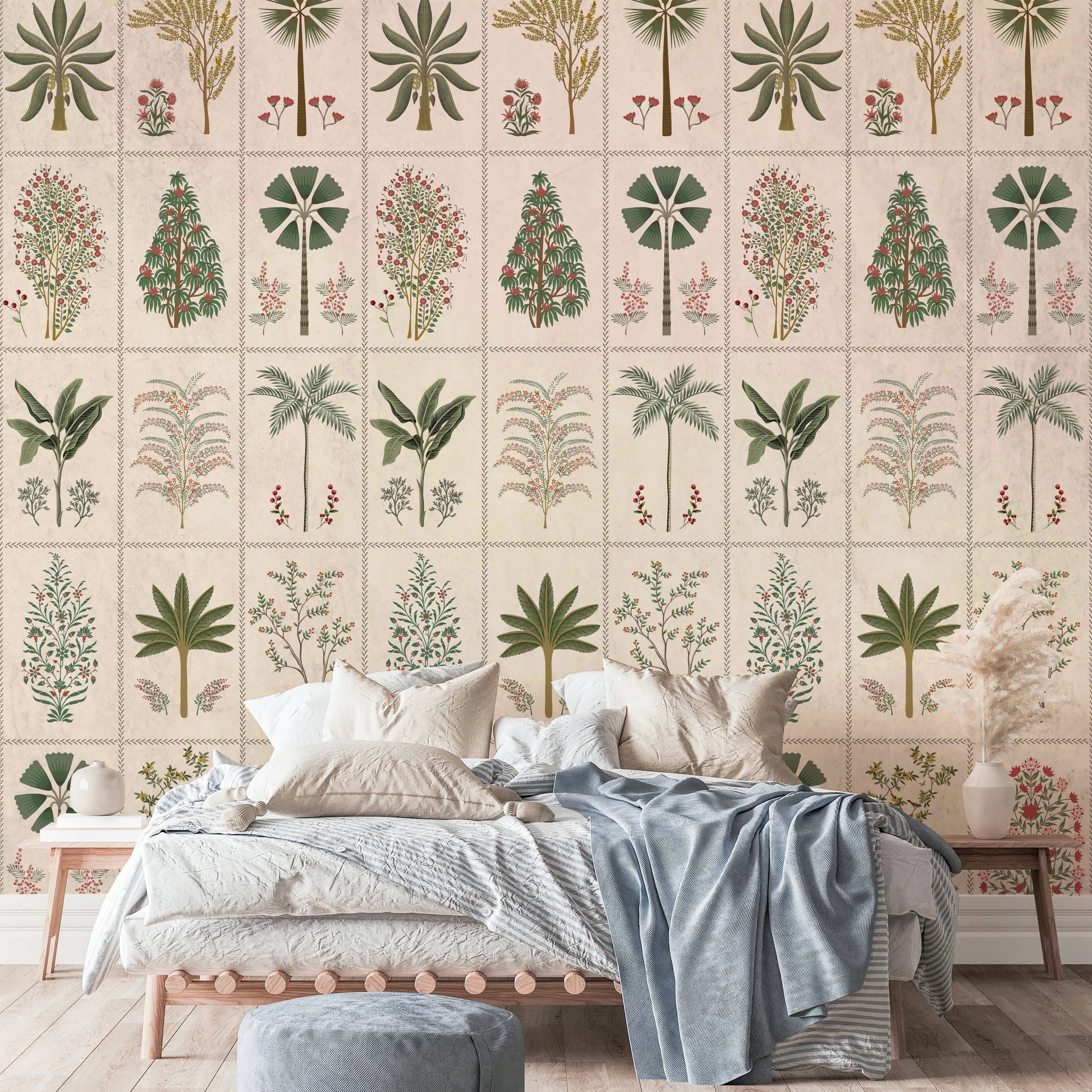 The design features a repeating block-print pattern of soft, graceful flowers and leaves.

