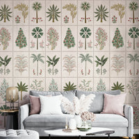 A peaceful wall mural with an organic, botanical design.

