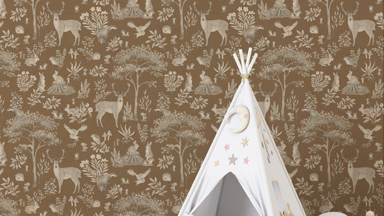 Vintage Brown Wildlife wallpaper in warm tan with deer and rabbits beside a white star and moon teepee