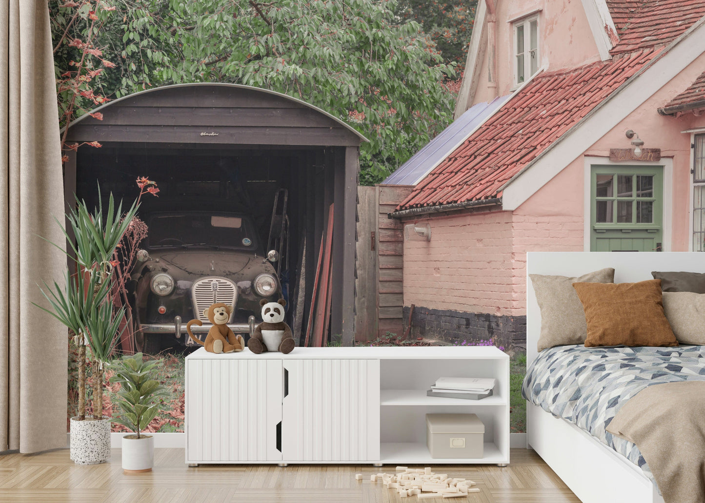 An artistic nostalgic car mural for home decor.

