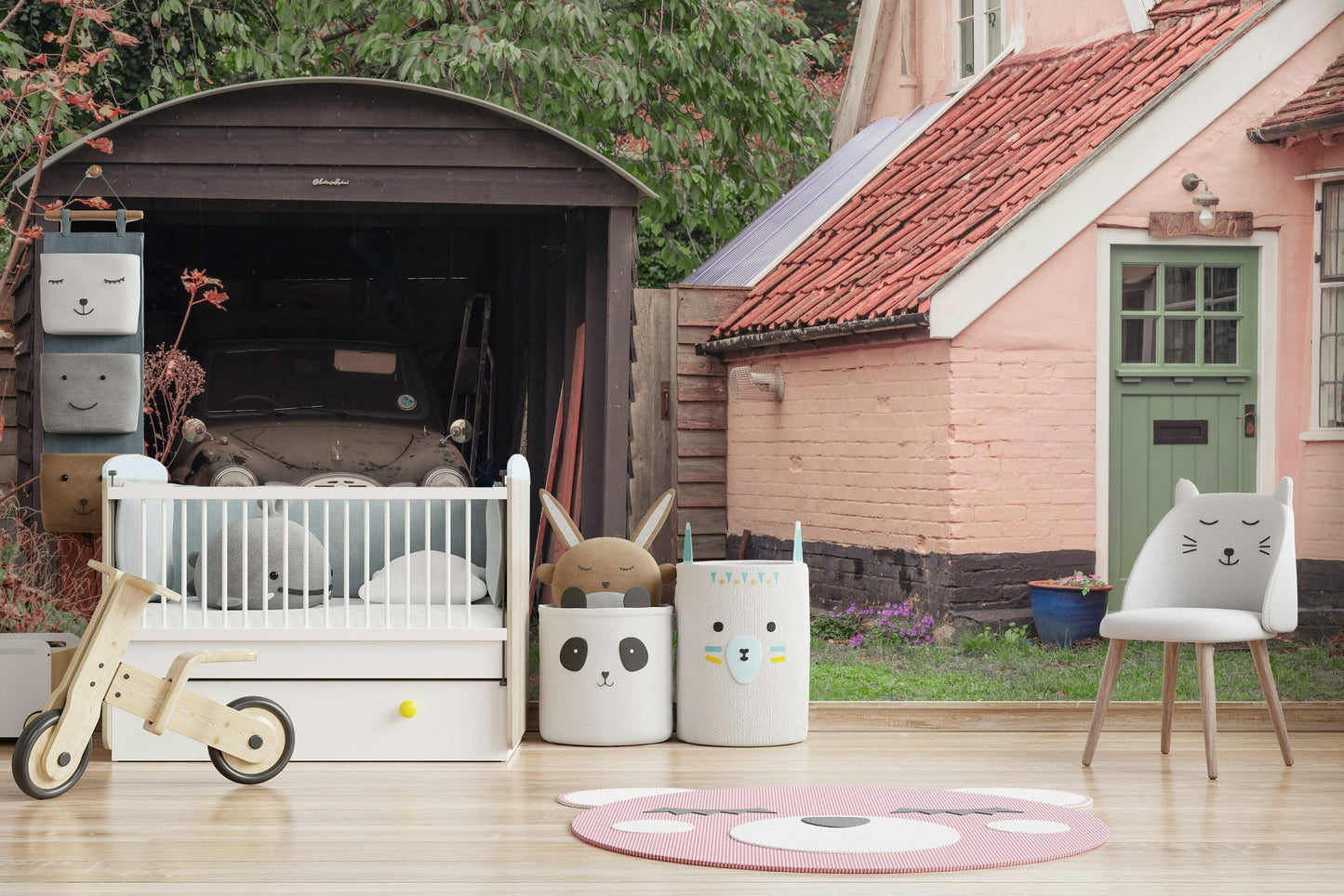 A graceful subtle architecture wall mural in warm, natural tones.

