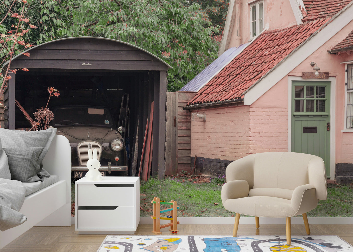 A serene old car wall mural for your decor.

