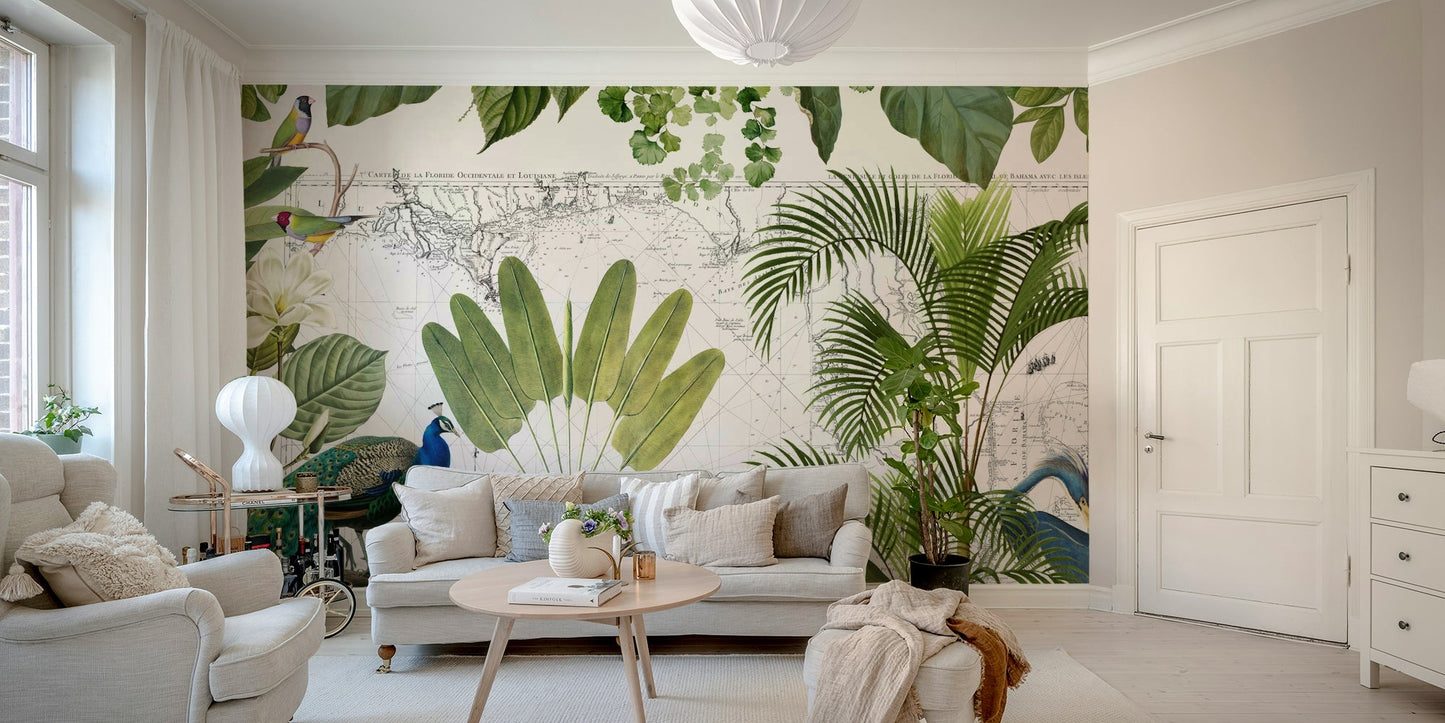 Nature-inspired mural with parrot and map details

