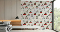 Cute illustrated wallpaper with playful camionette icons for modern, family-friendly décor.
