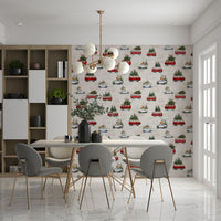 Artistic wallpaper featuring charming camionette motifs for a cheerful and quirky wall design.