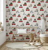 Playful Camionette wallpaper featuring vintage delivery vans in a charming illustrated style.
