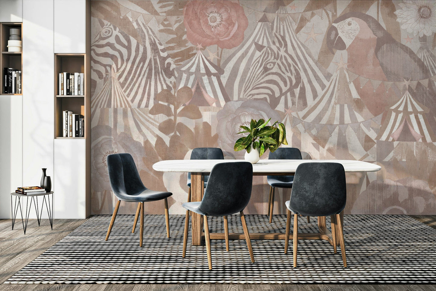 The wall art combines a fantasy theme with soft colors.

