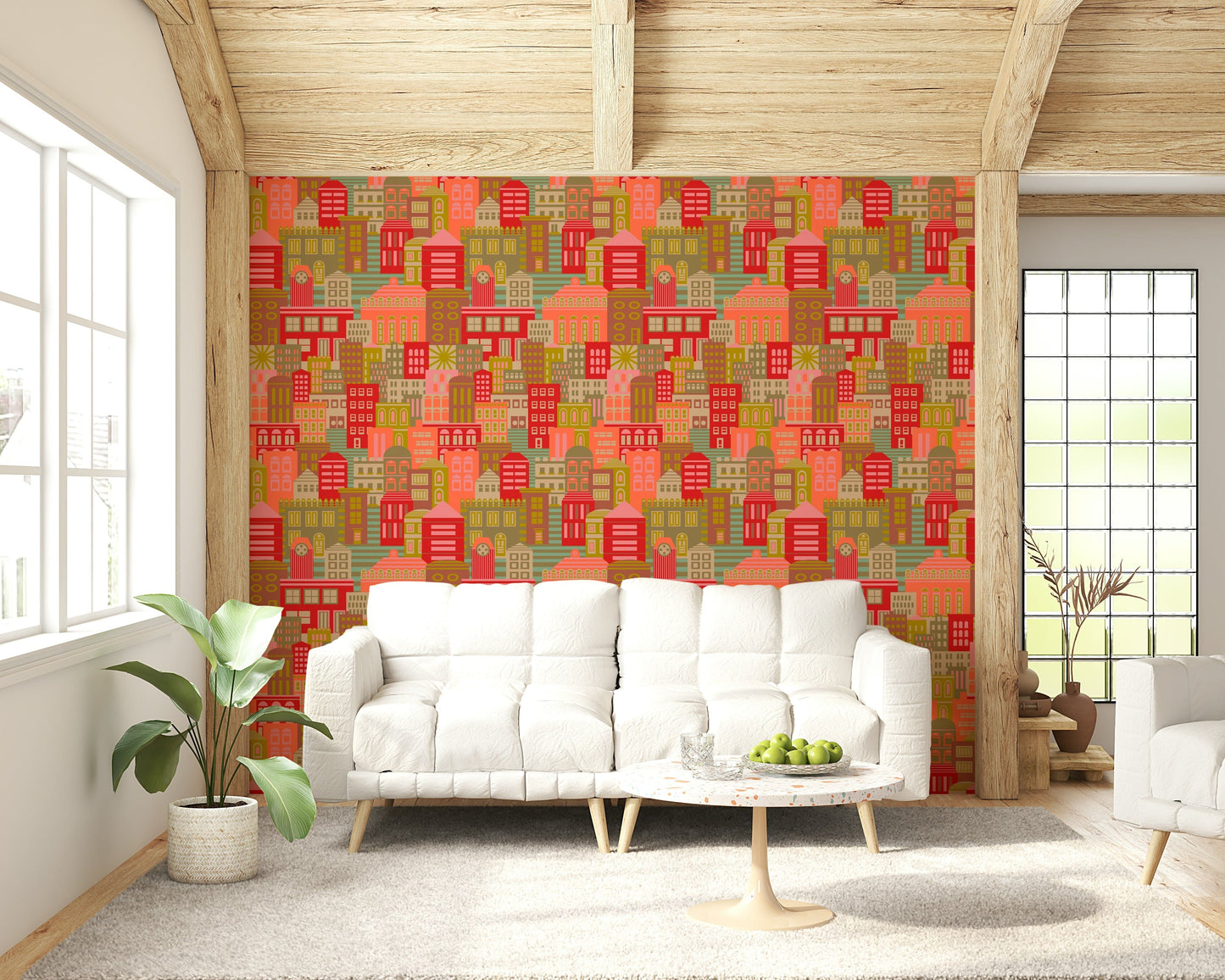 Colourful geometric city wallpaper for home office backdrop, sunny retro look