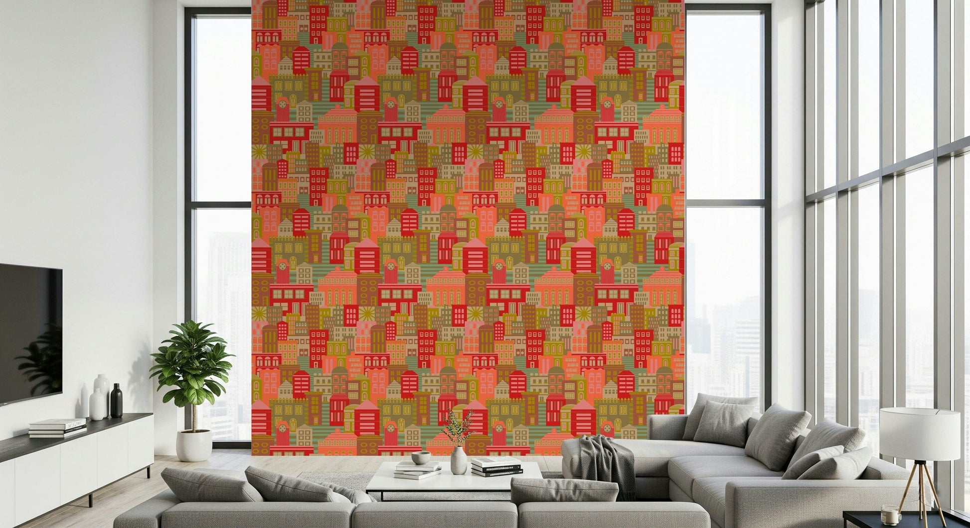 Sunny 1950s city buildings wallpaper in bright geometric colours for living room feature wall