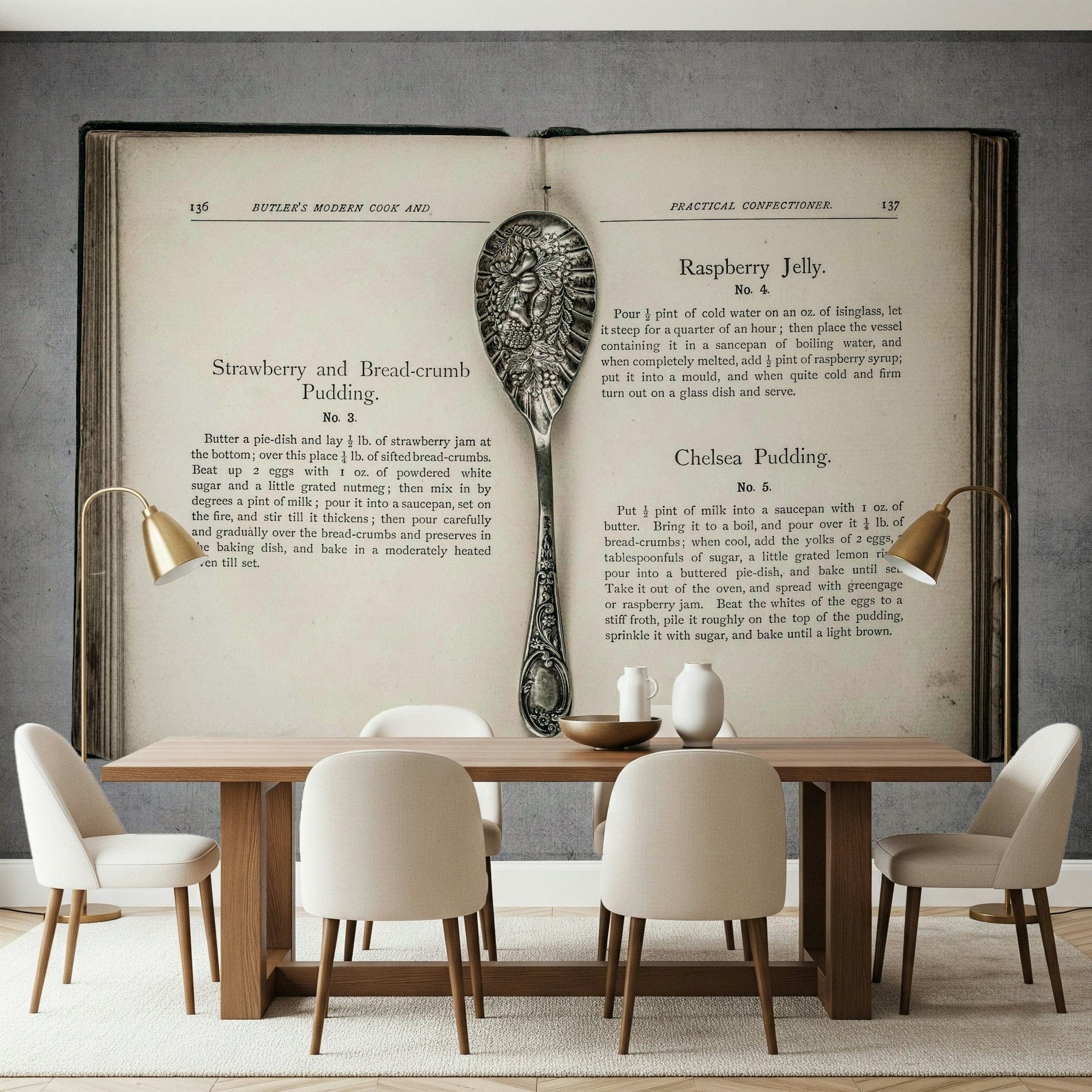Antique serving spoon on Culinary Antiques mural for kitchen backsplash decor.