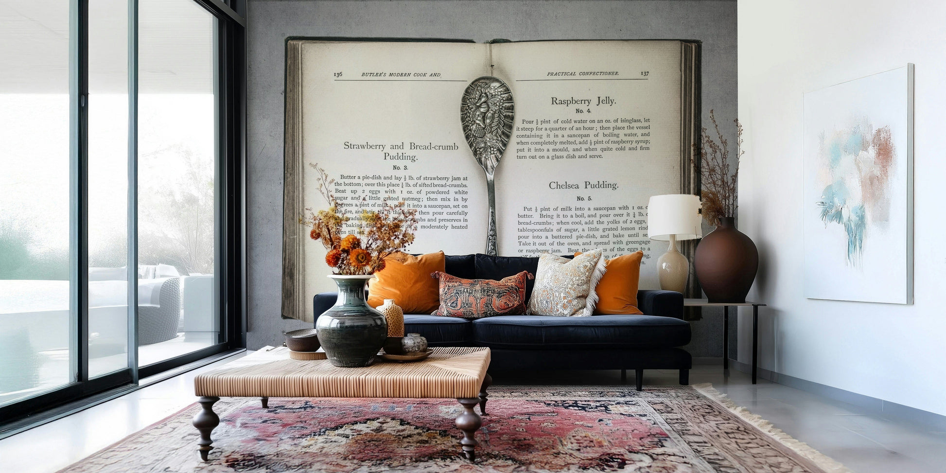 Aged paper texture Culinary Antiques wallpaper mural with historic pudding recipes text.
