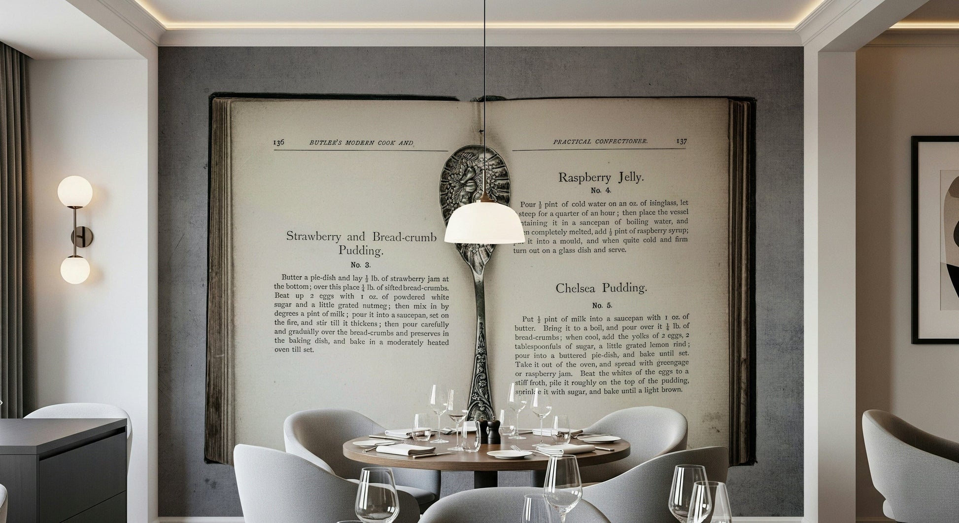 Vintage dining room wallpaper for walls displaying Culinary Antiques book and spoon.