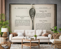 Rustic kitchen wall mural showing Culinary Antiques recipe pages and silverware closeup.