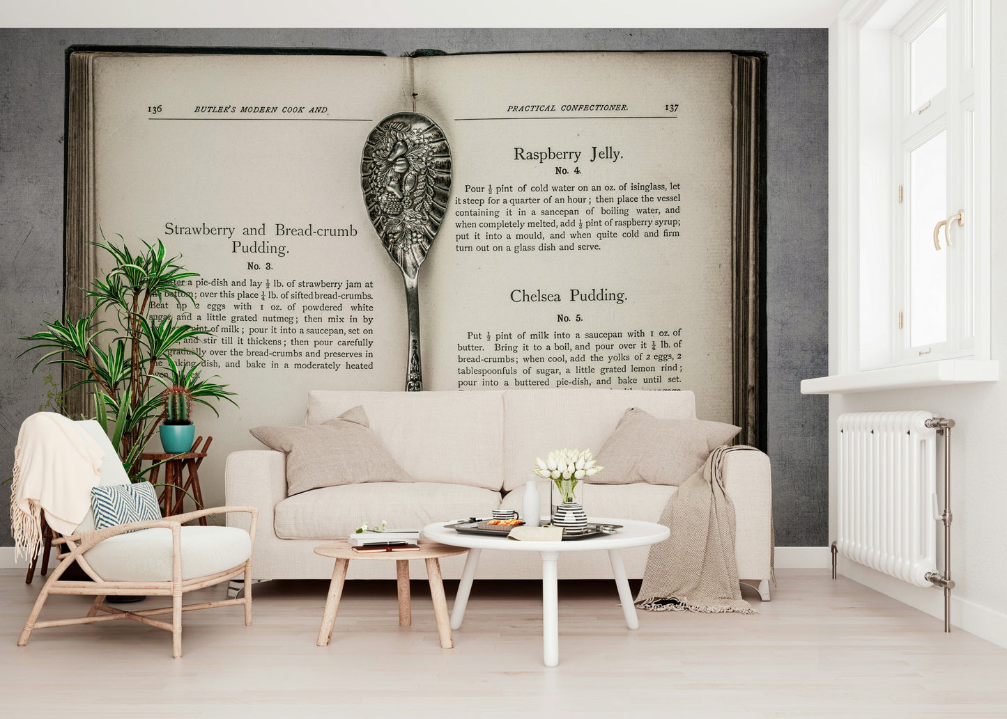 Culinary Antiques wallpaper featuring old open cookbook with ornate silver spoon design.
