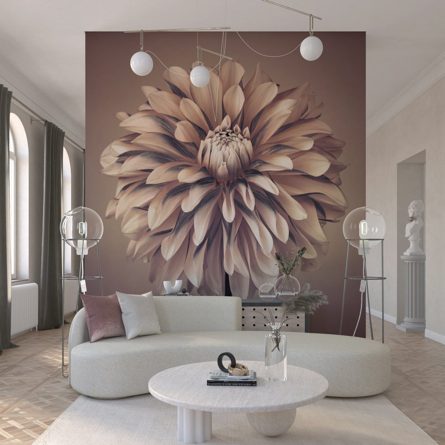 Pink and white botanical wallpaper used in a modern apartment bedroom.