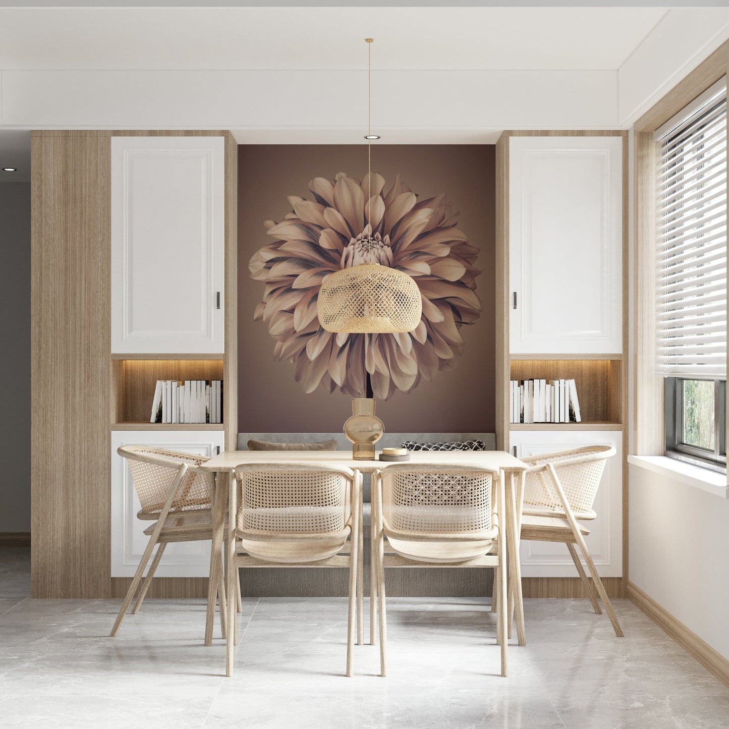 Macro nature photography mural showing intricate white petals.