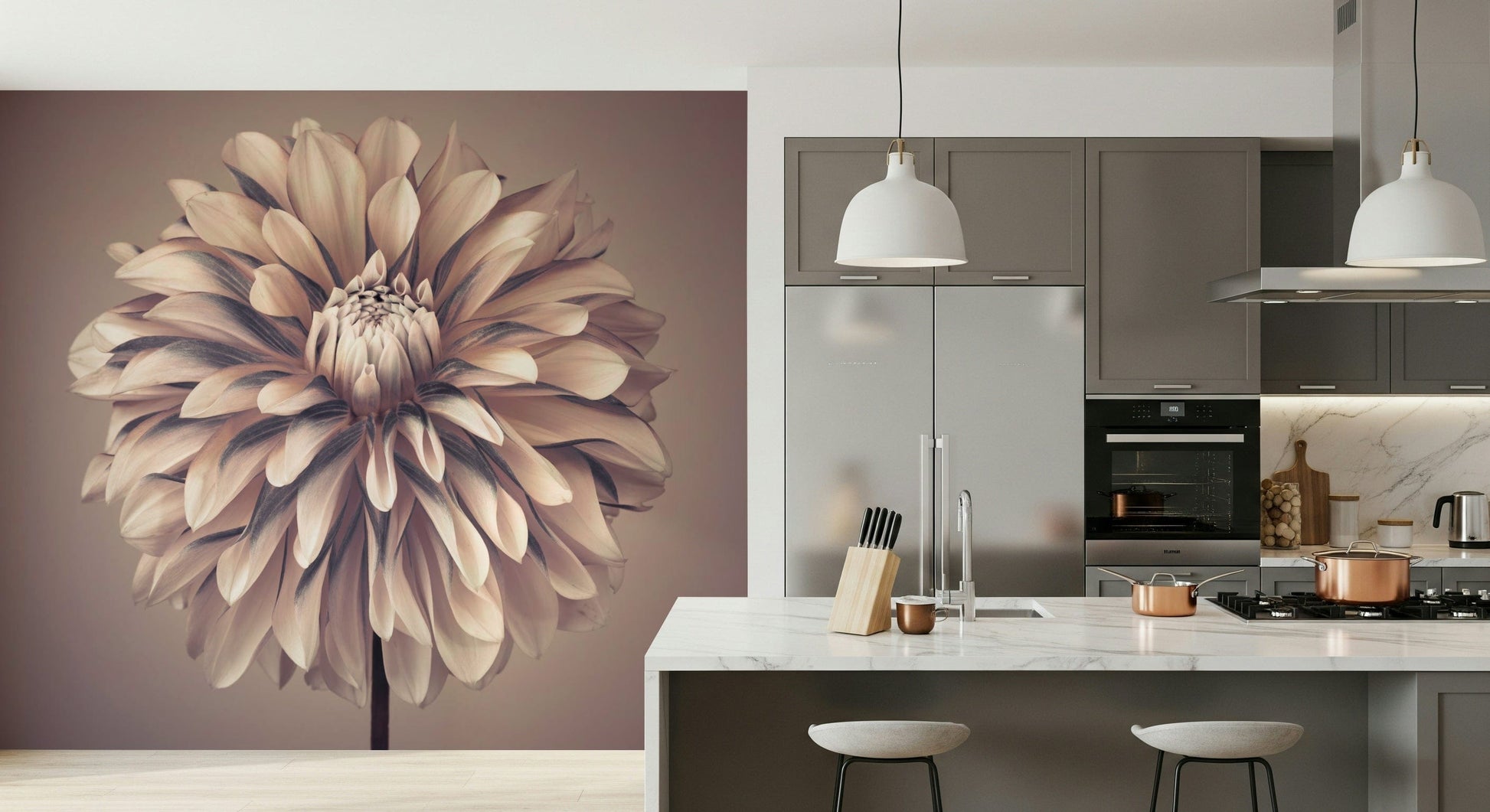 Radial floral pattern wall mural installed in a bright living room.