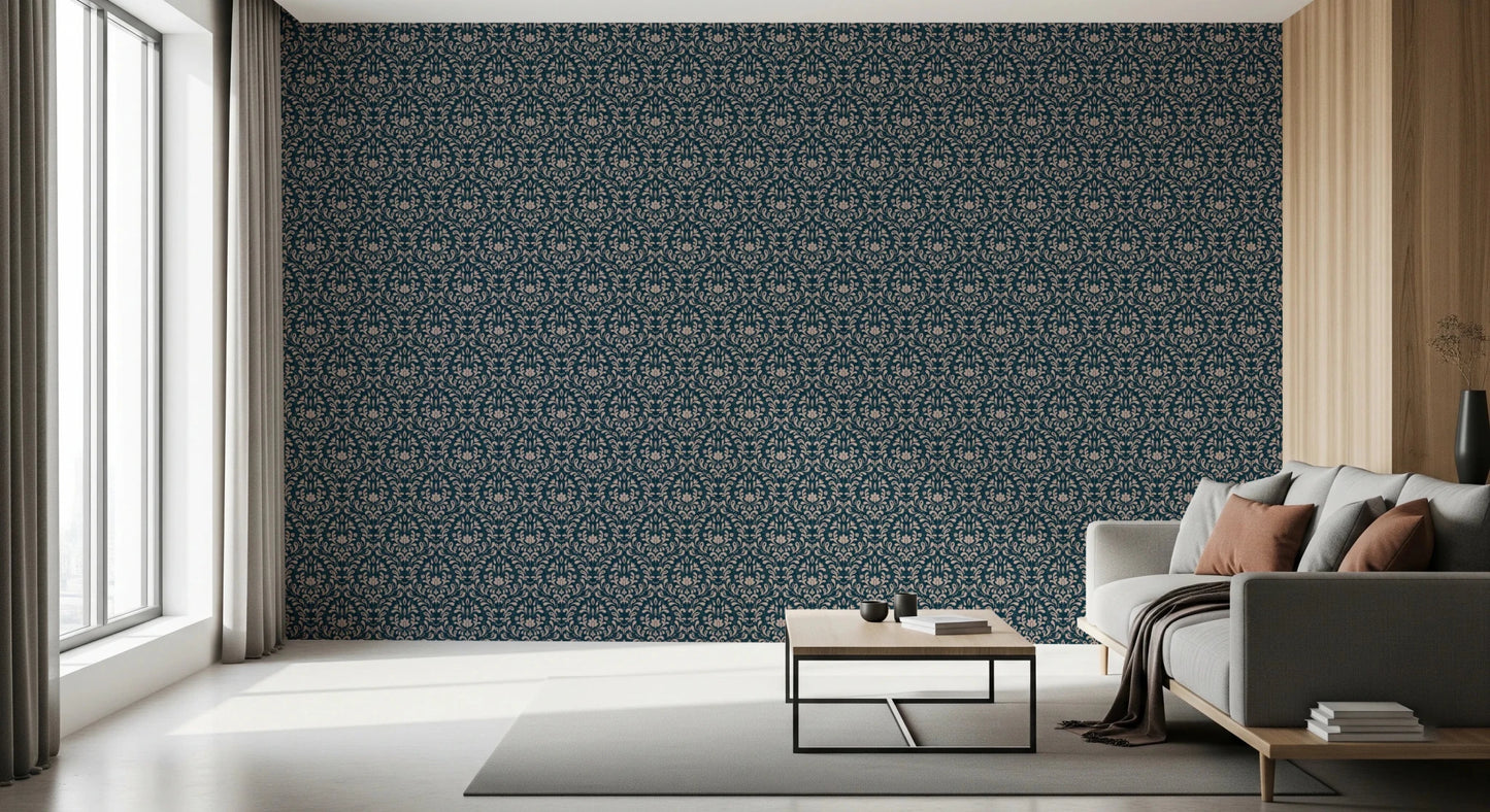 Vintage DARK BLUE DAMASK Wallpaper⁠
