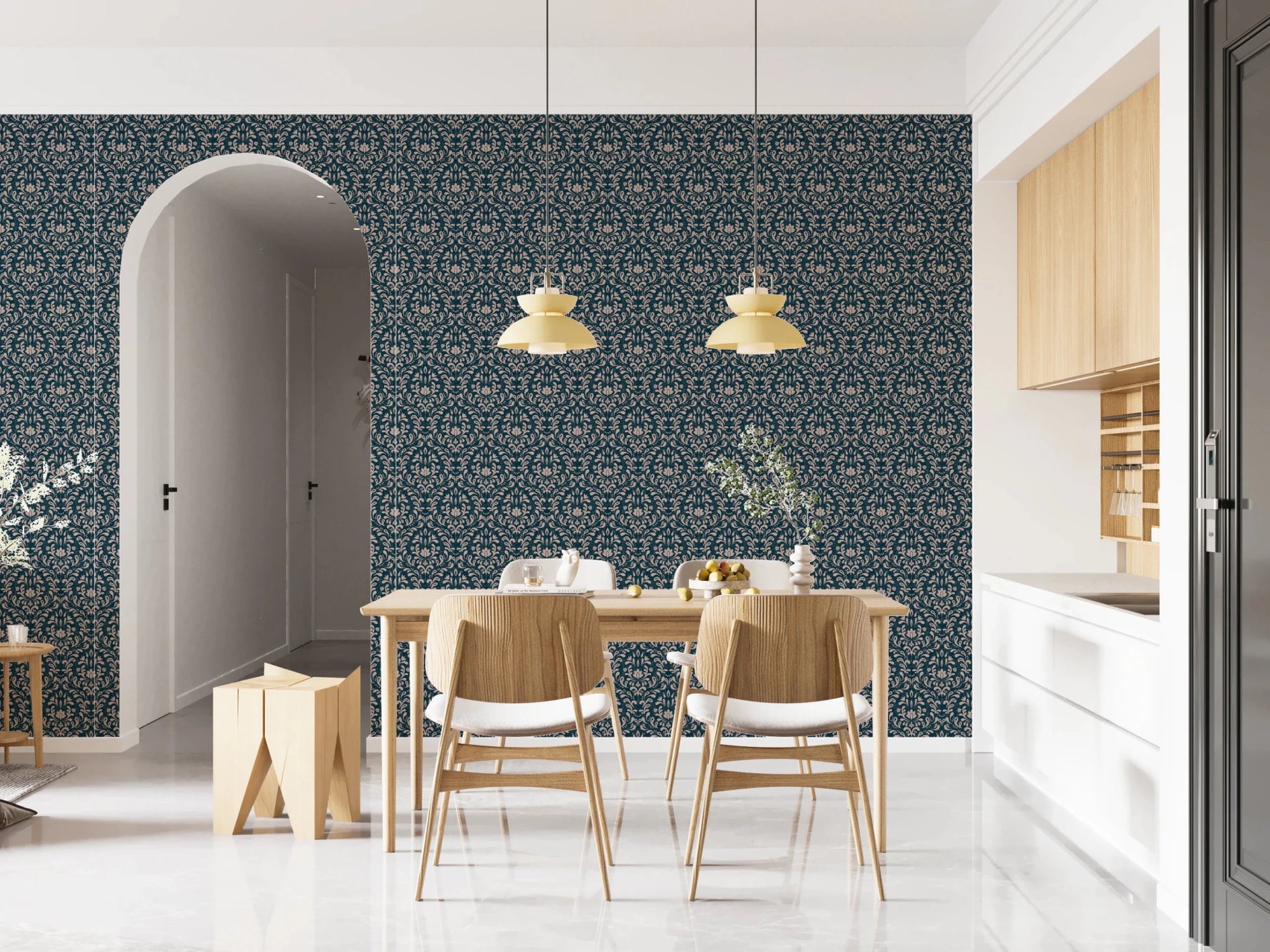 Vintage DARK BLUE DAMASK Wallpaper⁠