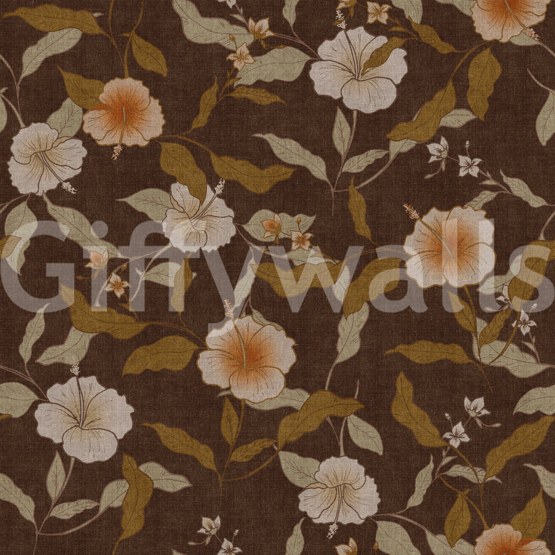 Symmetrical organic effect Faded Tropical Floral brown wallpaper.