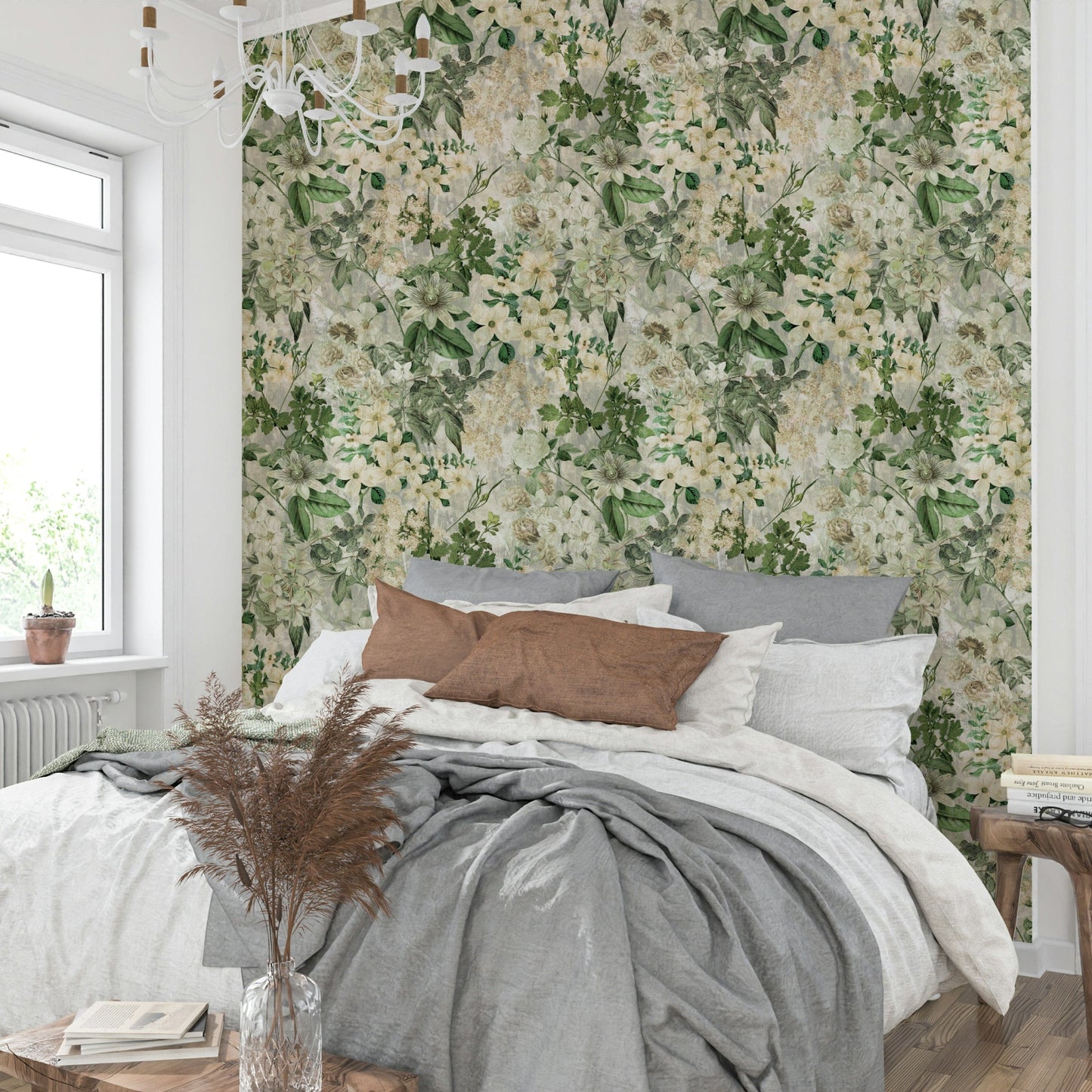 A bedroom decorated with a vintage floral mural

