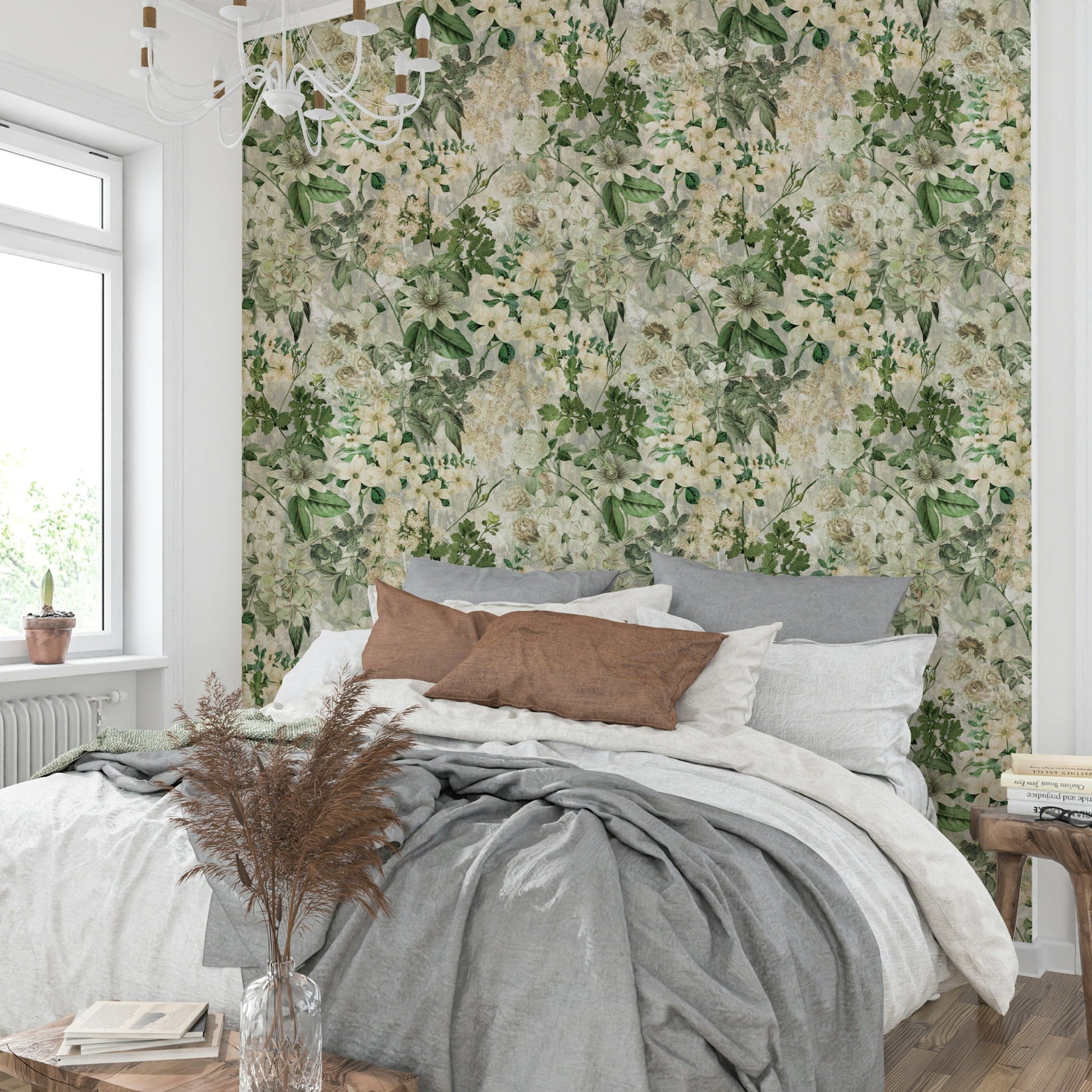 A bedroom decorated with a vintage floral mural

