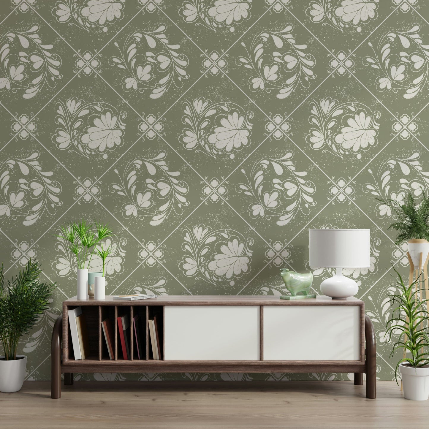 Vintage-style floral diamond pattern wallpaper in home office, tidy desk and calm décor