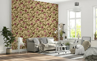 Artistic Heritage vining wallpaper, dusty rose and brown leaf design.