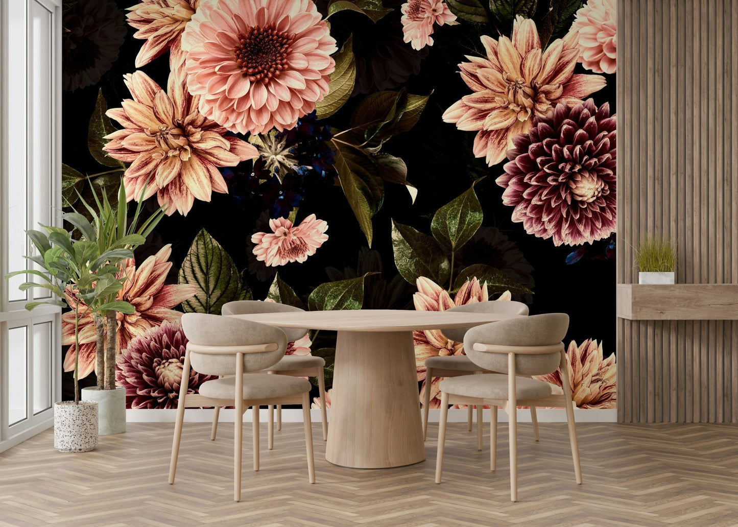The image shows a full wall with several large flowers on a dark, moody background.

