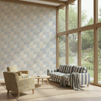 Vintage Folk Tiles ‚Äì Blue Breeze Wallpaper‚Å†