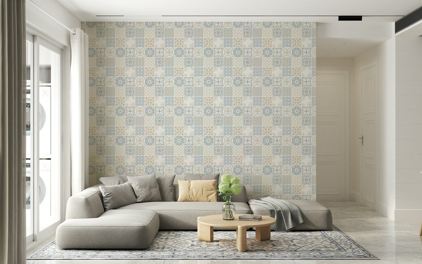 Vintage Folk Tiles ‚Äì Blue Breeze Wallpaper‚Å†