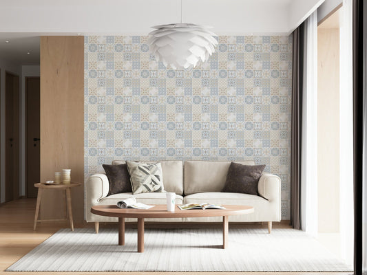Vintage Folk Tiles ‚Äì Blue Breeze Wallpaper‚Å†