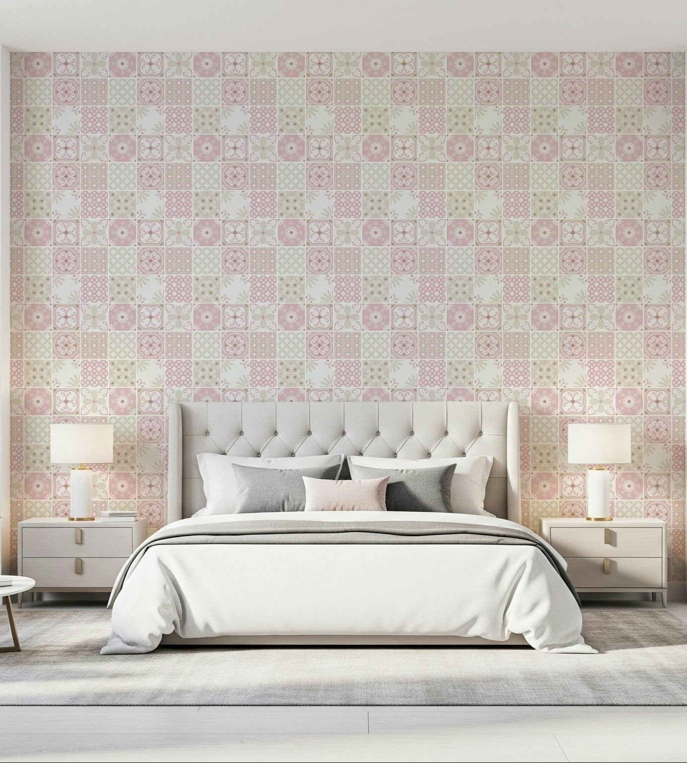Vintage Folk Tiles Blush Pink wallpaper behind an upholstered headboard and white bed with twin lamps in a bedroom